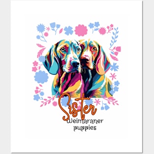 Sister Weimaraner Puppies snuggling, oil color painting Posters and Art